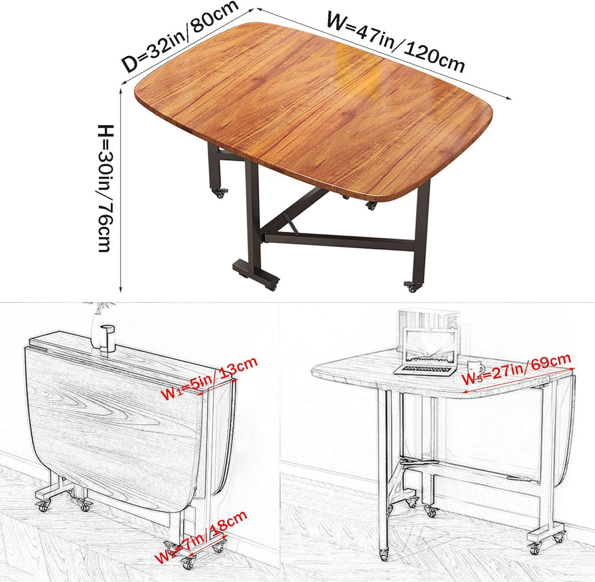 Multifunction Table Drop Leaf Dining Table - 47" Solid Wooden Foldable Kitchen Table