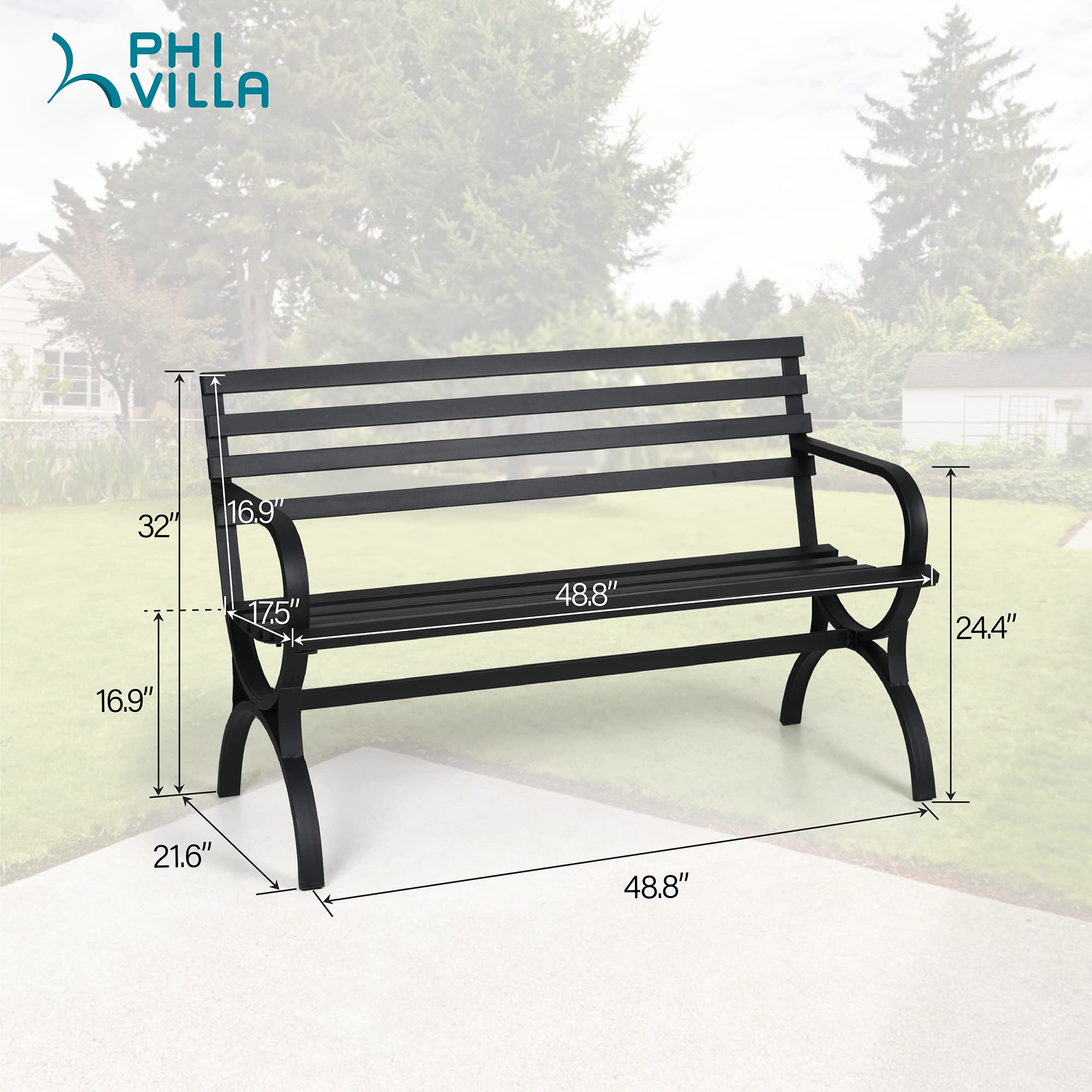 Outdoor Garden Bench, 48” Long Metal Steel Bench with Backrest and Armrests