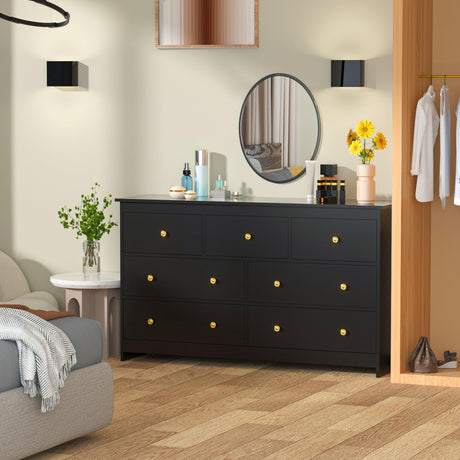 Black Dresser for Bedroom, 7 Drawer Dresser with Wide Drawer and Metal Handles