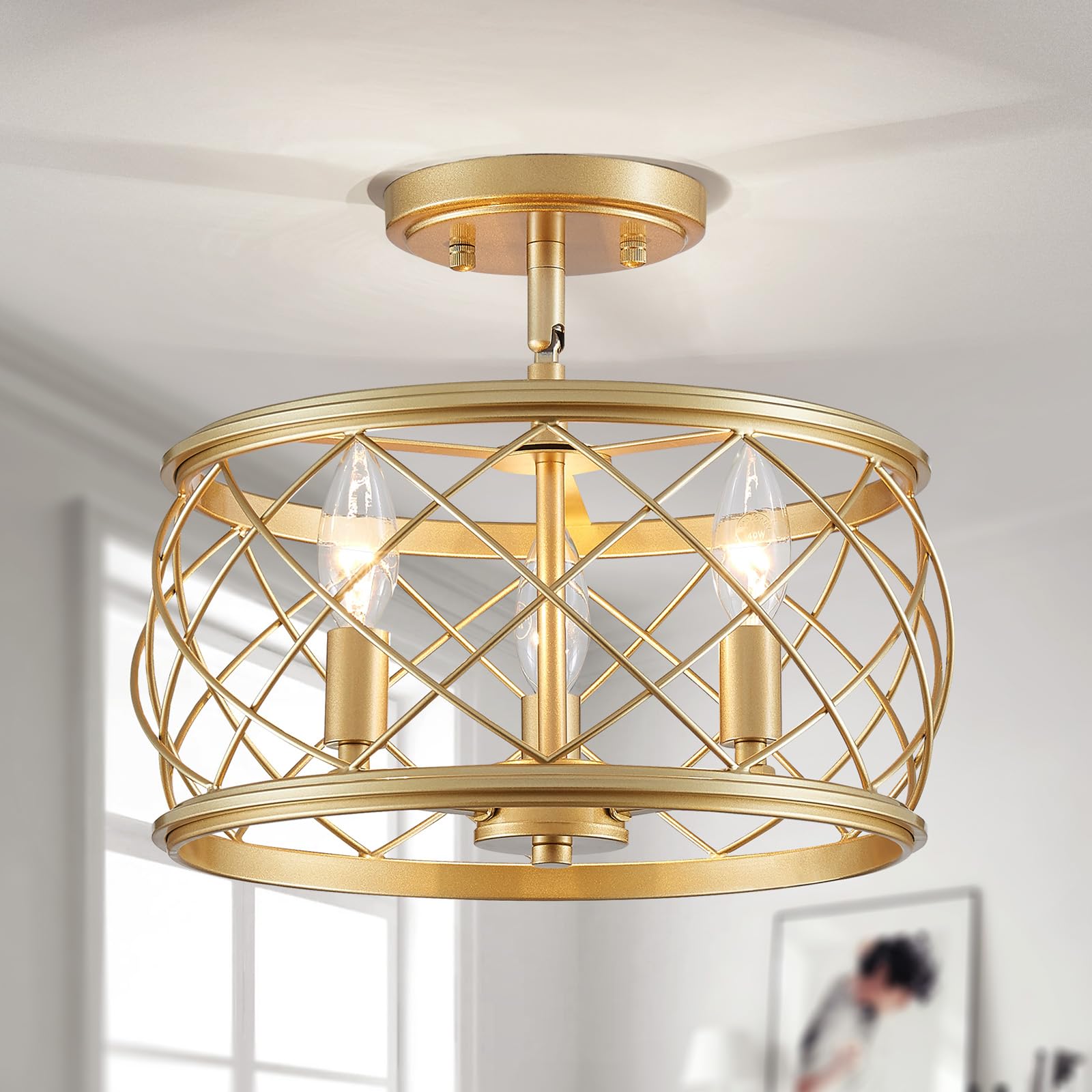 Gold Semi Flush Mount Ceiling Light, Industrial Vintage Close to Ceilinges for