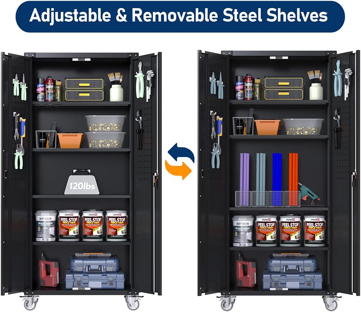 GangMei Garage Storage Cabinet with Wheels & Pegboard, 72" H Locking Metal Storage Cabinet with Doors and 4 Adjustable Shelves for Garage Workshop Home, Assembly Required, Black