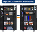 GangMei Garage Storage Cabinet with Wheels & Pegboard, 72" H Locking Metal Storage Cabinet with Doors and 4 Adjustable Shelves for Garage Workshop Home, Assembly Required, Black