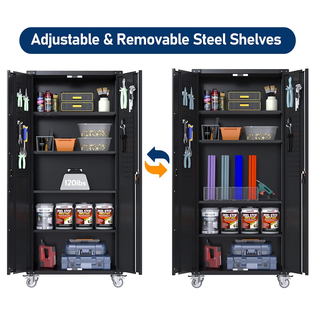 GangMei Garage Storage Cabinet with Wheels & Pegboard, 72" H Locking Metal Storage Cabinet with Doors and 4 Adjustable Shelves for Garage Workshop Home, Assembly Required, Black