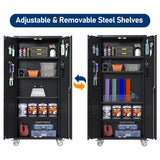 GangMei Garage Storage Cabinet with Wheels & Pegboard, 72" H Locking Metal Storage Cabinet with Doors and 4 Adjustable Shelves for Garage Workshop Home, Assembly Required, Black