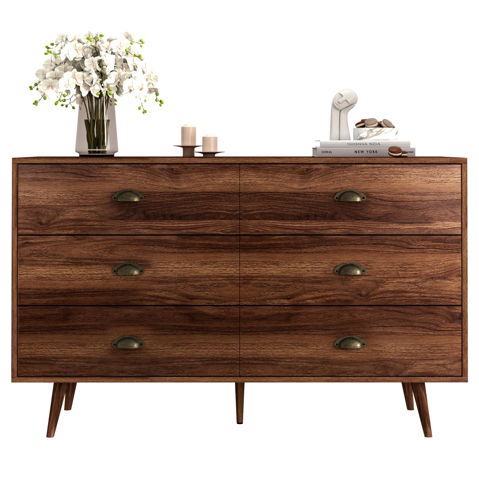 Walnut Brown Dresser for Bedroom - 6 Drawer Dresser