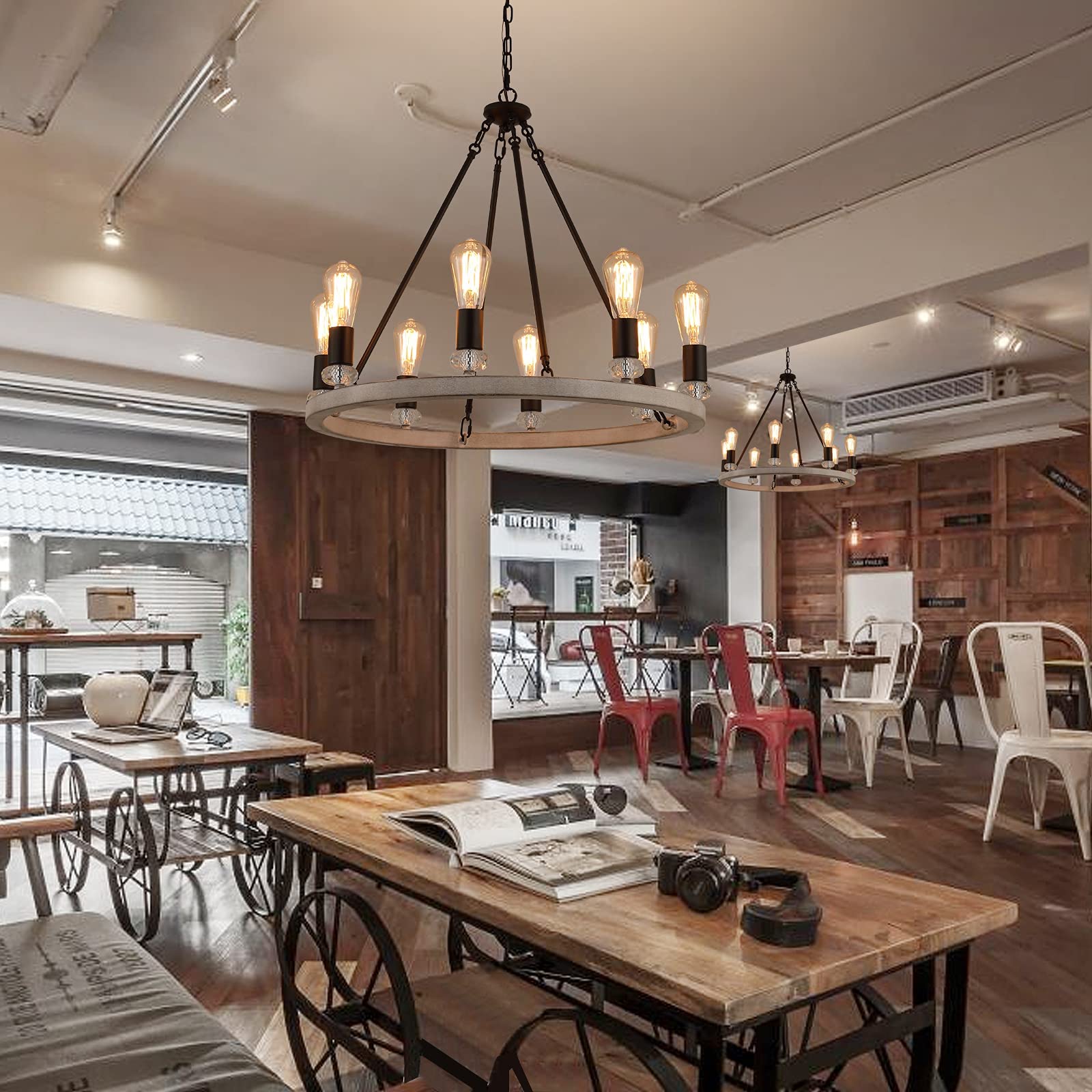 Farmhouse Wagon Wheel Chandelier 8 Light Oak White and ORB Rustic Industrial Metal