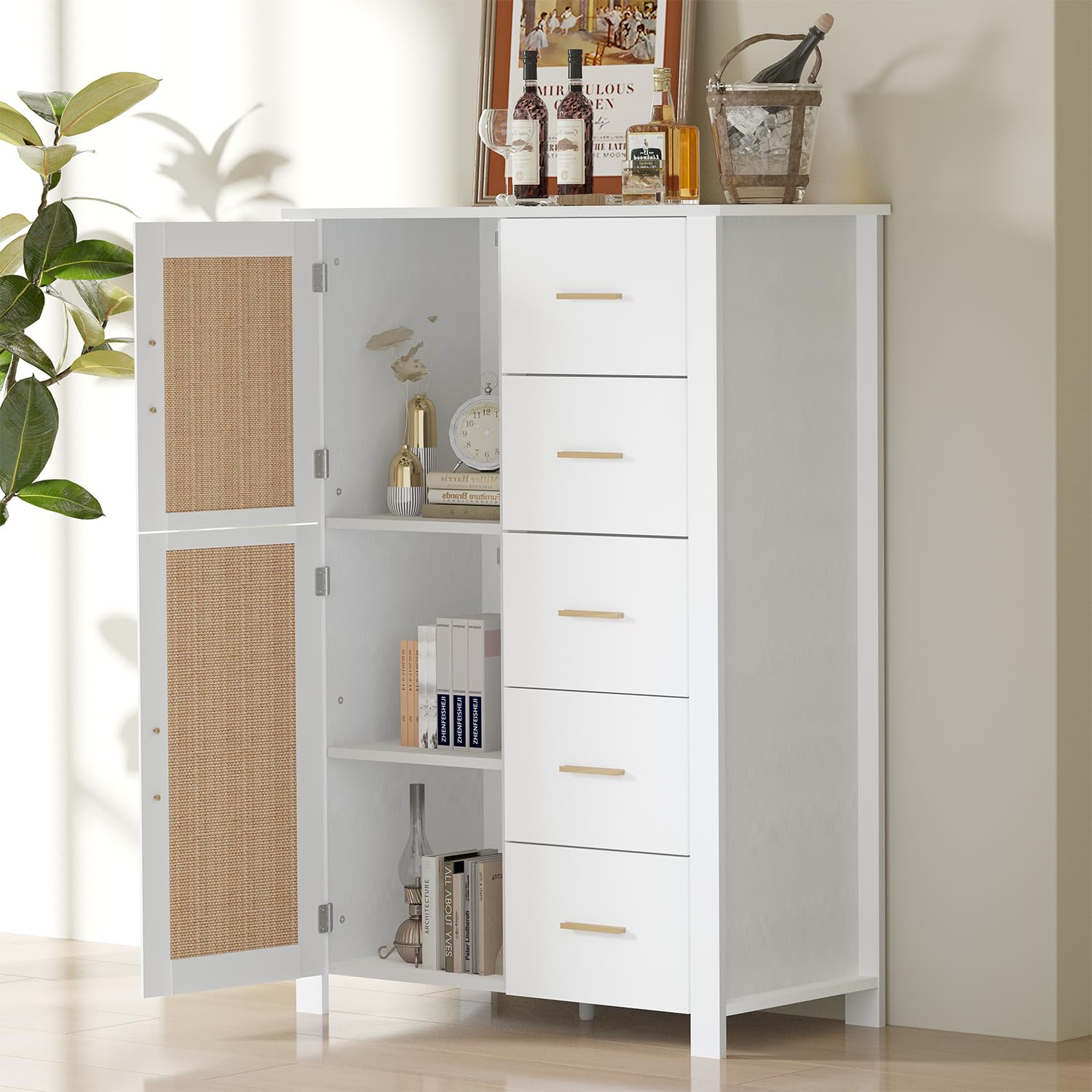 Rattan Storage Cabinet, Farmhouse Sideboard Buffet Cabinet with Door and 5 Drawers