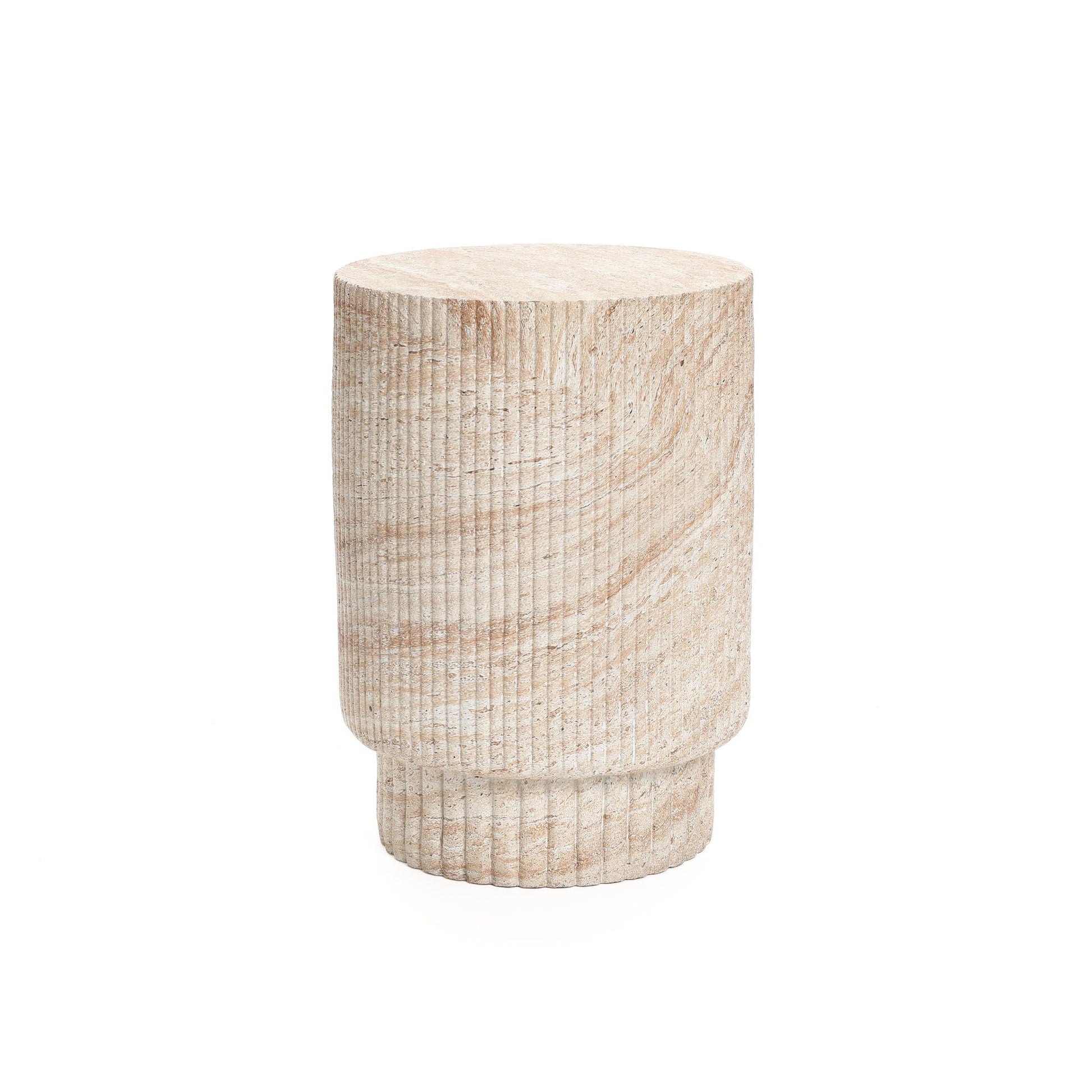 LuxenHome Outdoor Accent Side Table, 18'' Travertine - Style Outdoor Furniture, Round with Ribbed Cement End Table for Patio Backyard Balcony, Modern Coffee Furniture Gift - Bircata