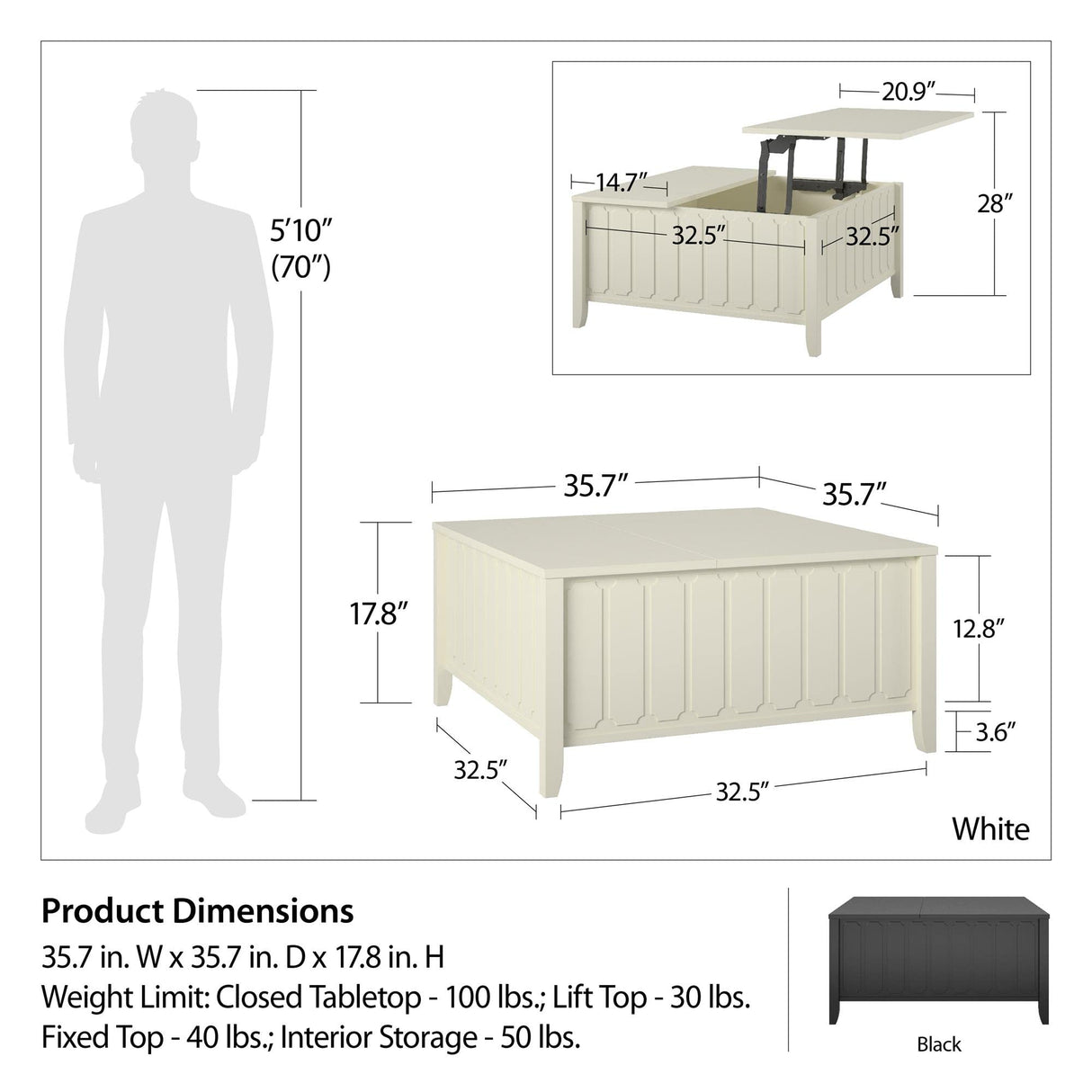 Her Majesty Lift Top Coffee Table, White