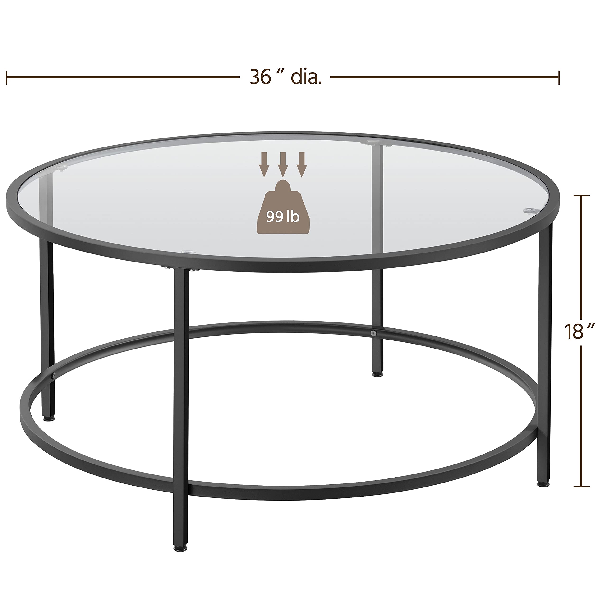 36" Round Glass Coffee Table, Black Circle Coffee Table Center Table with Glass Top,