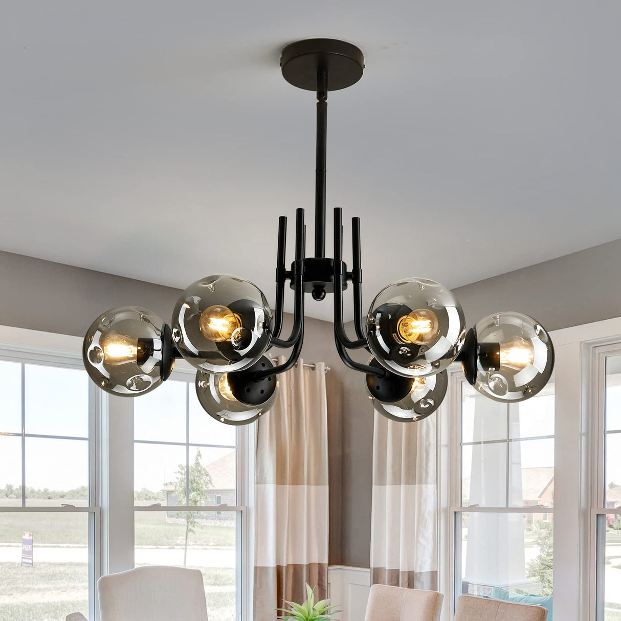 hesoge 6-Lights Glass Globe Sputnik Chandeliers Modern Metal Ceiling Light Fixture Black Semi Flush Mount Chandelier for Living Room Dining Room Bedroom Farmhouse Kitchen.