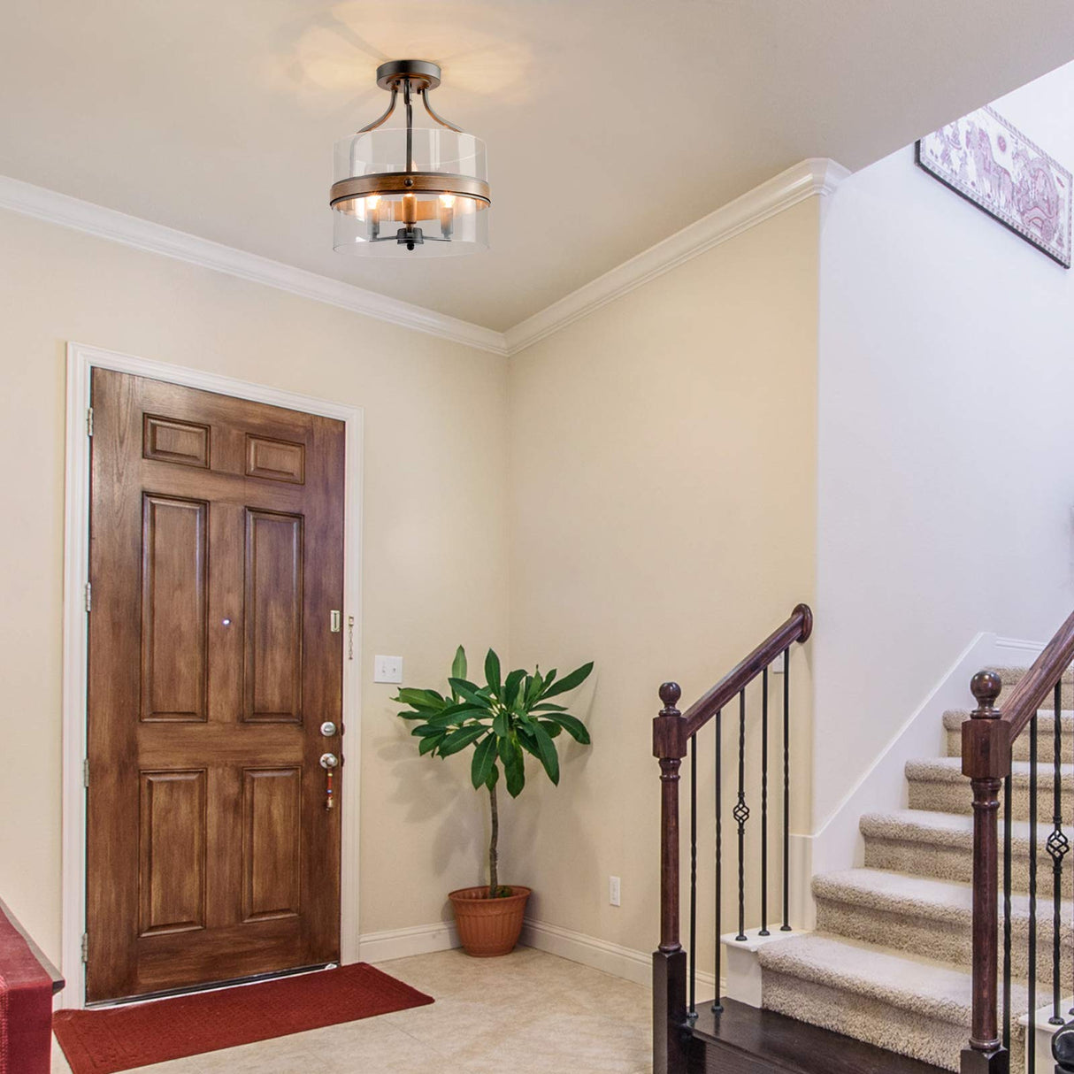 LALUZ Faux Wood Ring Ceiling Light Fixture, Modern Semi Flush Mount Ceiling Light, Farmhouse Drum Chandelier, 3 Lights, for Bathroom, Bedroom, Kitchen, Living Room, Dining Room