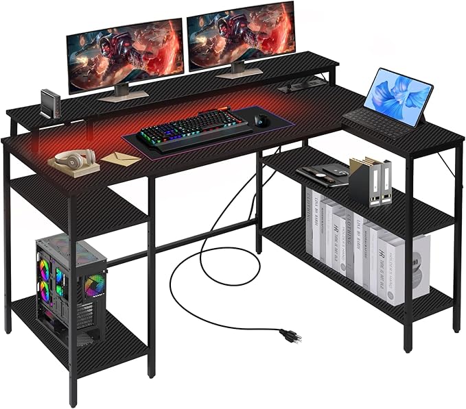 L Shaped Gaming Desk with LED Lights & Power Outlets, Reversible Computer Desk