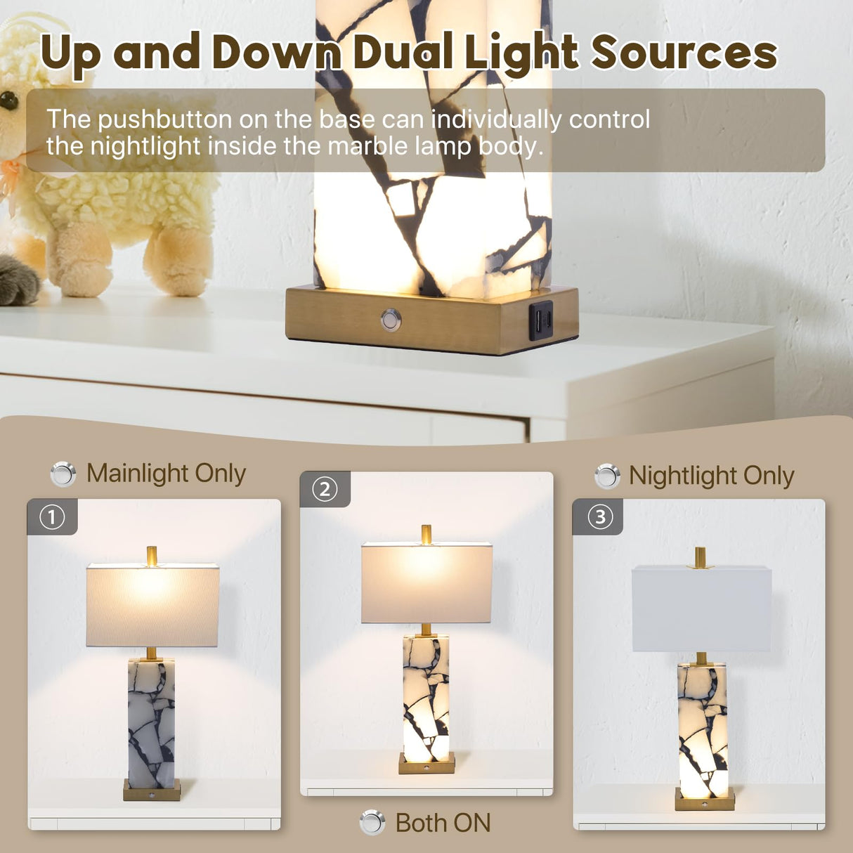 Natural Marble Table Lamps Set of 2 with USB Ports & 3-Color Nightlight