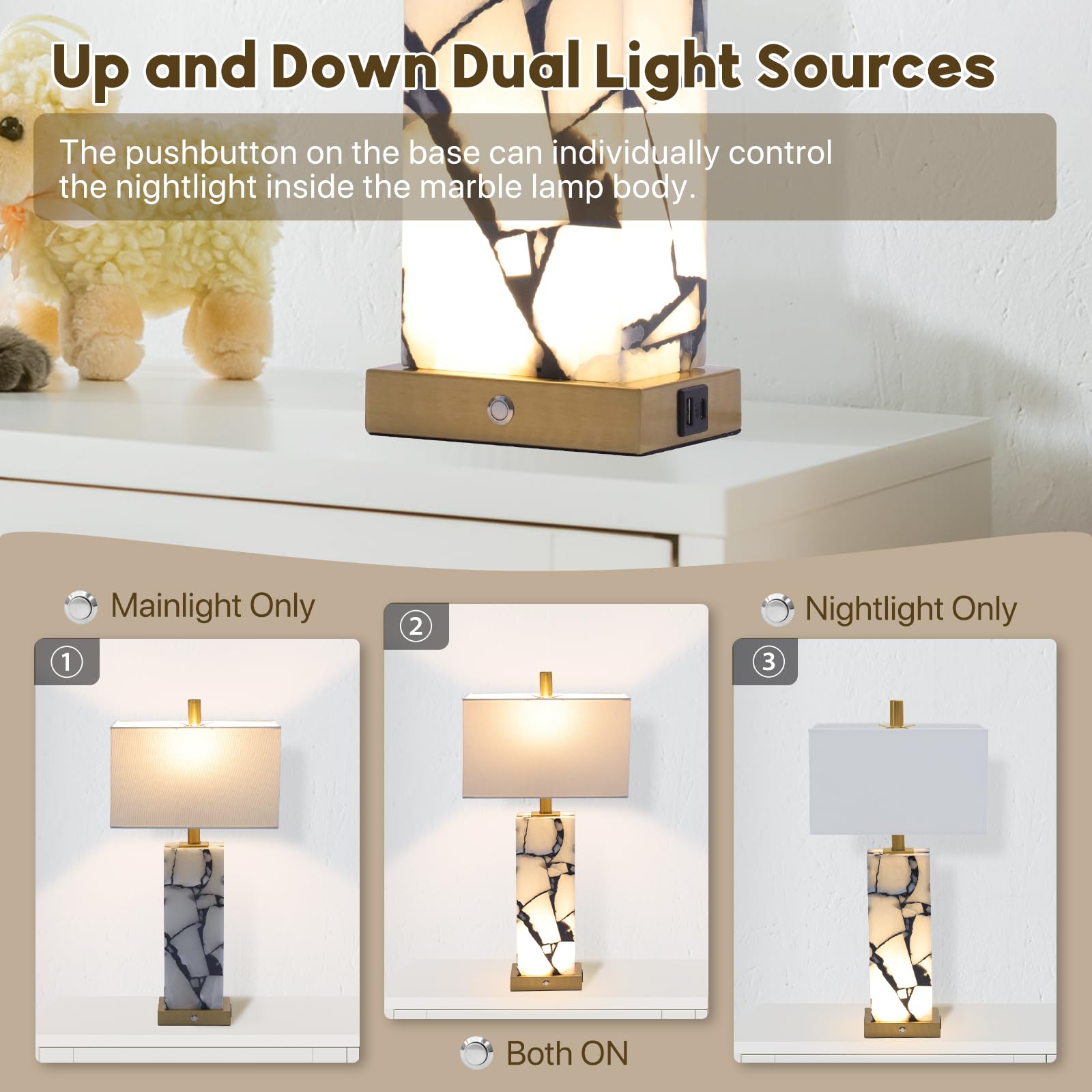 Natural Marble Table Lamps Set of 2 with USB Ports & 3-Color Nightlight