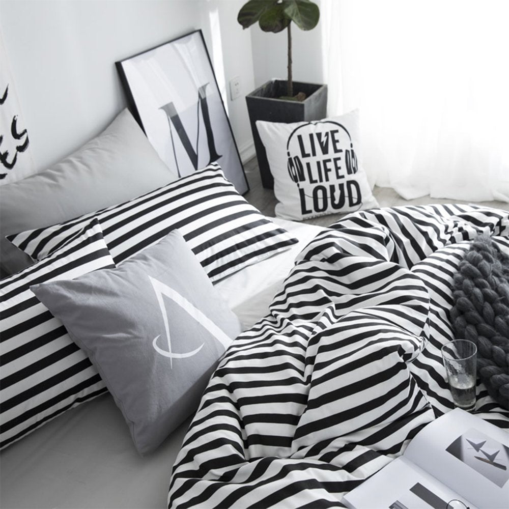Striped Comforter Set Queen 3Pcs Black White Bedding Comforter Sets Farmhouse