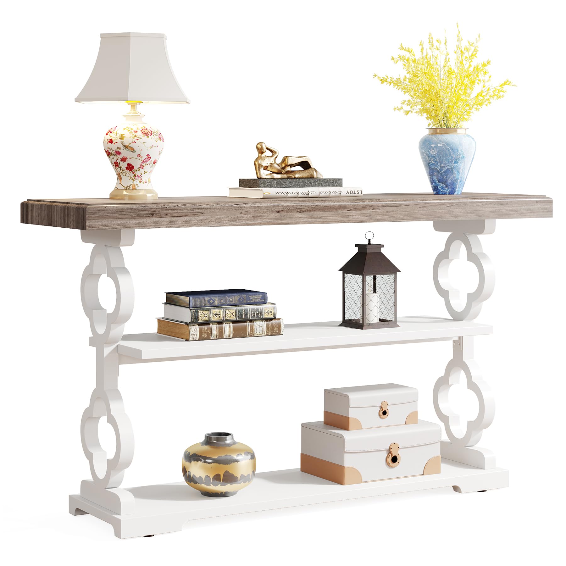 Farmhouse Console Table, 55 inch Long Sofa Table with Storage Shelves, 3 Tier Wood Accent Entry Table for Hallway,