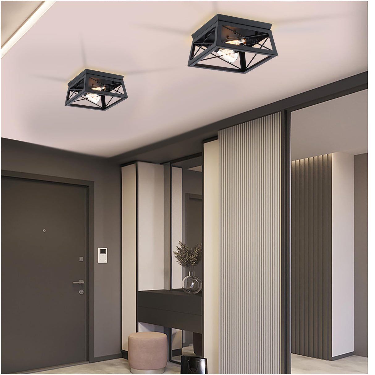 Black Flush Mount Ceiling Light, 2 Bulb Farmhouse Ceiling Light Fixture for Closet Hallway