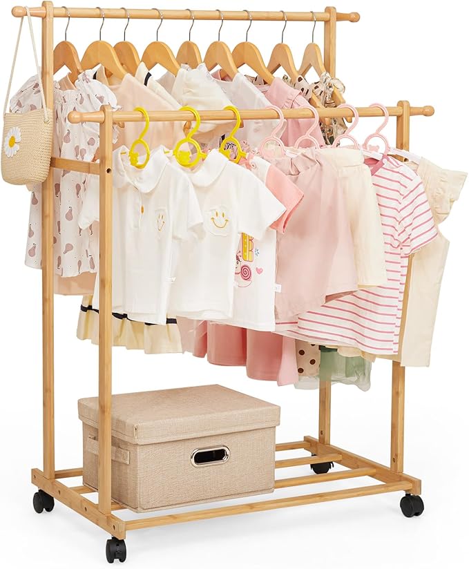 Kids Clothing Rack Bamboo with 2 Hanging Rods and 4 Hooks