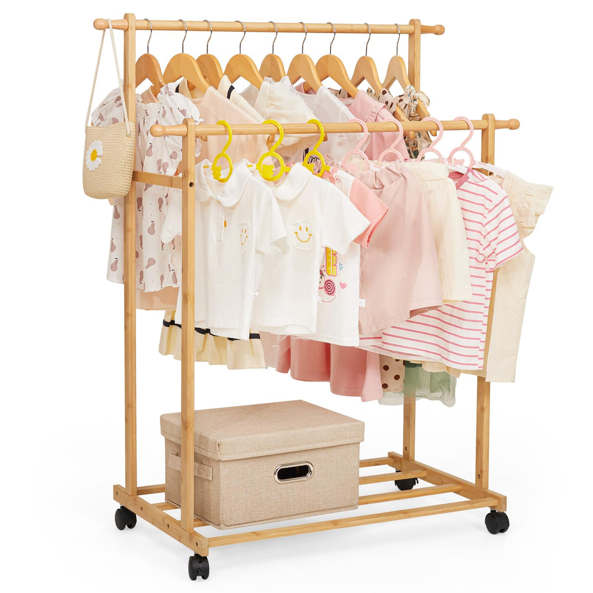 Kids Clothing Rack Bamboo with 2 Hanging Rods and 4 Hooks