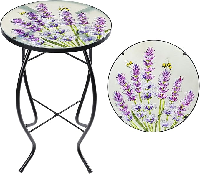 Outdoor Side Table - 14’’ Blue and Transparency Leaf Glass Accent Round EndTable