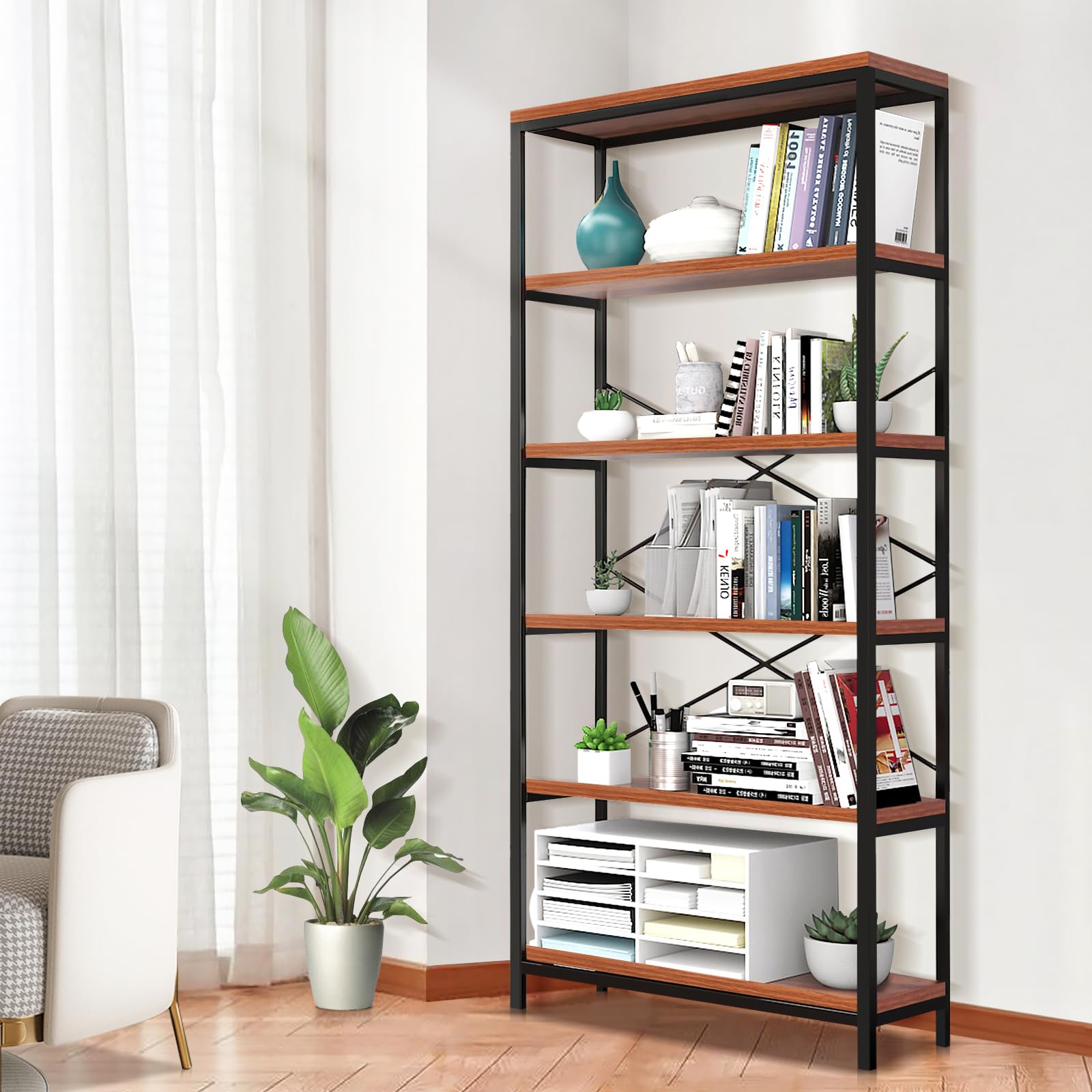 Tier Industrial Bookshelf, Vintage Standing Storage Shelf, Display Shelving Units, Tall Bookcase, Industrial Metal Book Shelves for Living Room Bedroom and Home Office