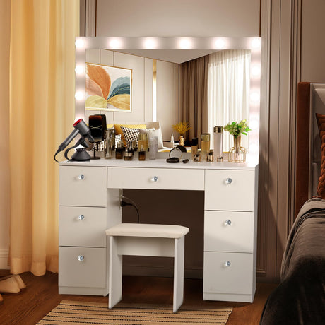 Lighted Mirror, Makeup Vanity Desk with Power Outlet and LED Bulbs, 3 Color Lighting Modes Adjustable Brightness, 7 Drawers Vanity Table with Cushioned Stool for Bedroom, White