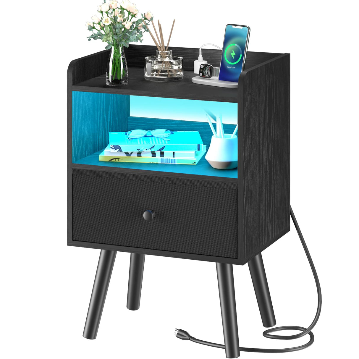 Nightstand with Charging Station, Modern Night Stand with LED Lights