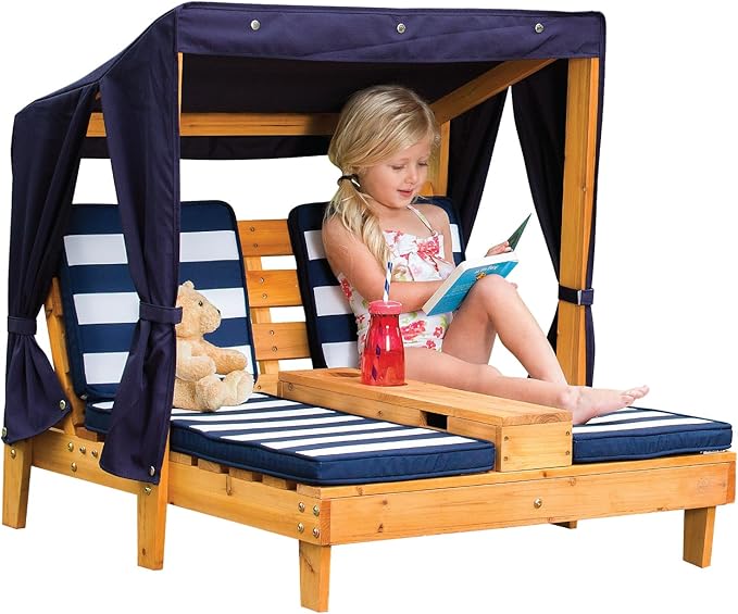 Wooden Outdoor Double Chaise Lounge with Cup Holders, Patio Furniture for Kids or Pets
