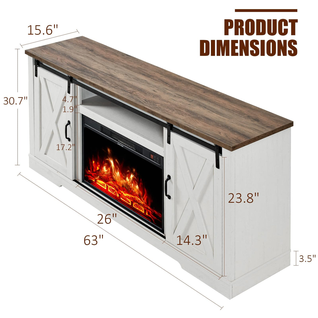 Fireplace TV Stand with Sliding Barn Door for TVs up to 73", Farmhouse 63" Fireplace