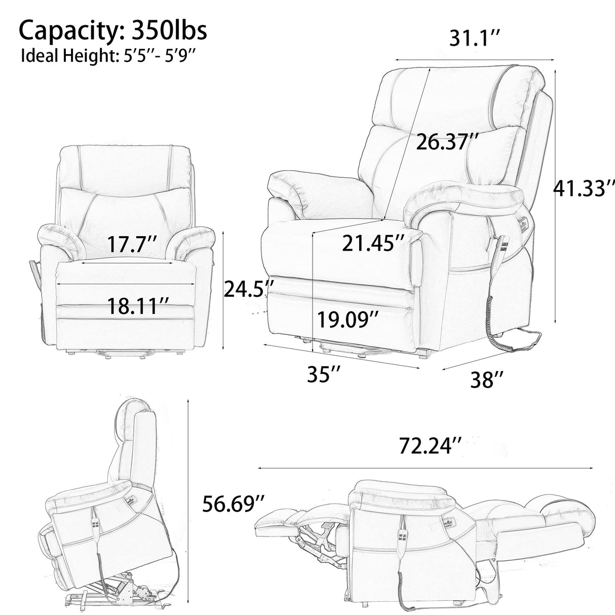 Genuine Leather Lift Chair for Elderly with Airbag Massage and Seat Heating, Dual Motor