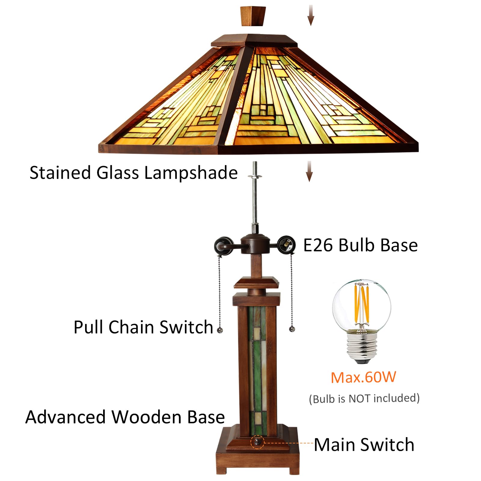 Tiffany Stained Glass Table Lamp 3-Light Amber Brown
