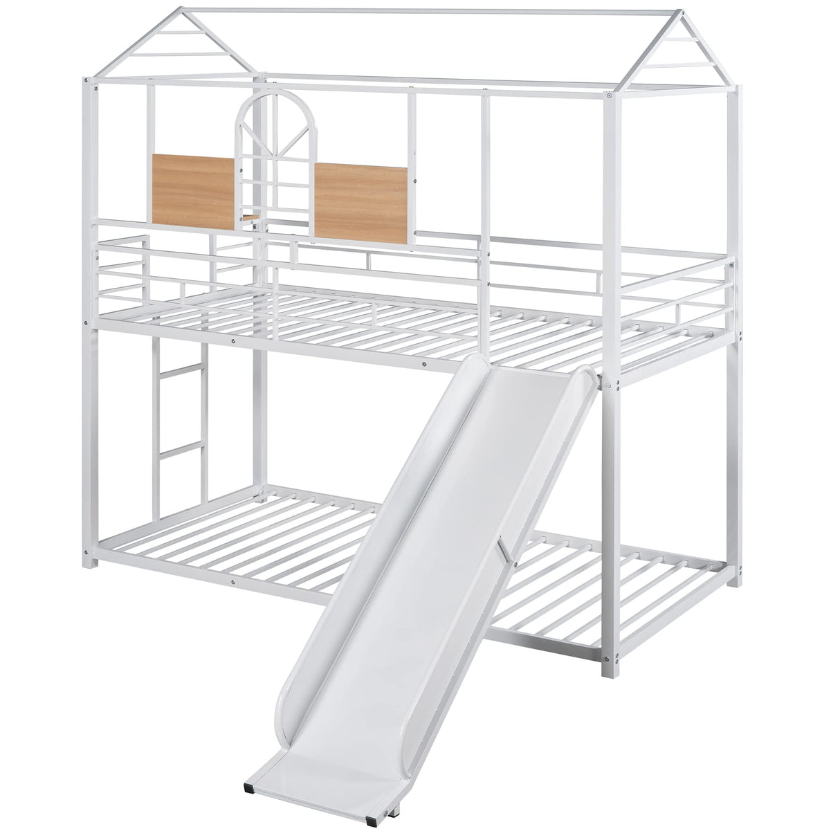 Size Metal Bunk Bed Frame with Roof Design and Bedside Storage Shelf, Metal House