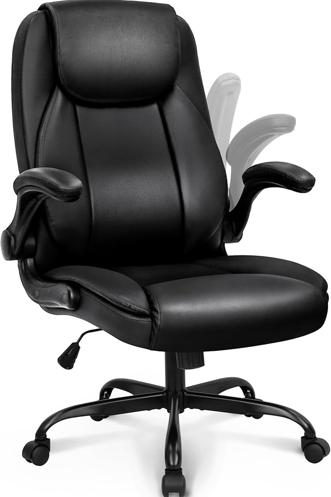 Ergonomic Office Chair PU Leather Executive Chair Padded Flip Up Armrest Computer Chair Adjustable Height High Back Lumbar Support Wheels Swivel