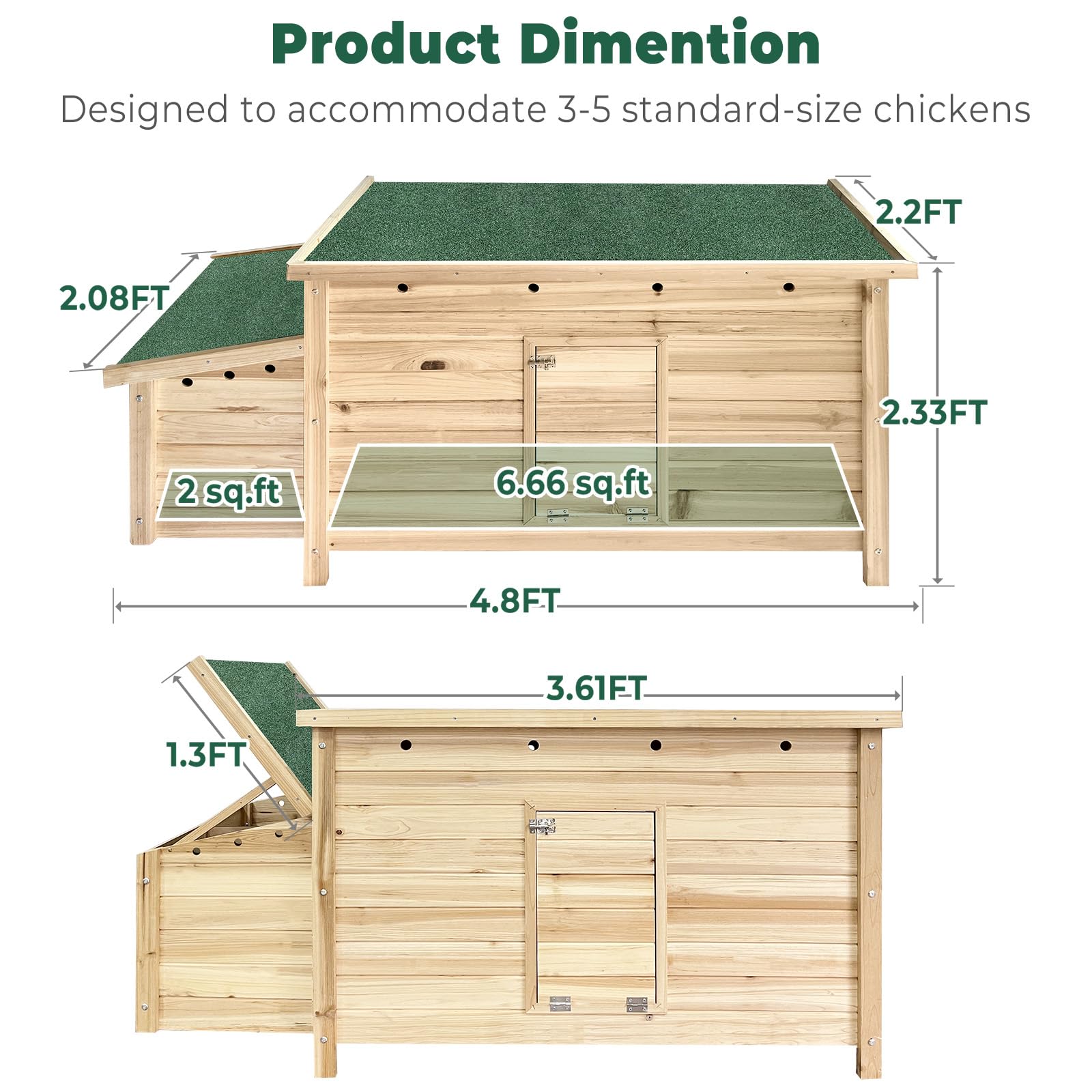 57.6'' Wooden Chicken Coop Hen House with 2 Nesting Box, Poultry Cage Rabbit Hutch
