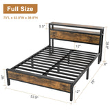 Full Bed Frame with Charging Station Headboard, Platform Bed with 2-Tier Storage Shelf,