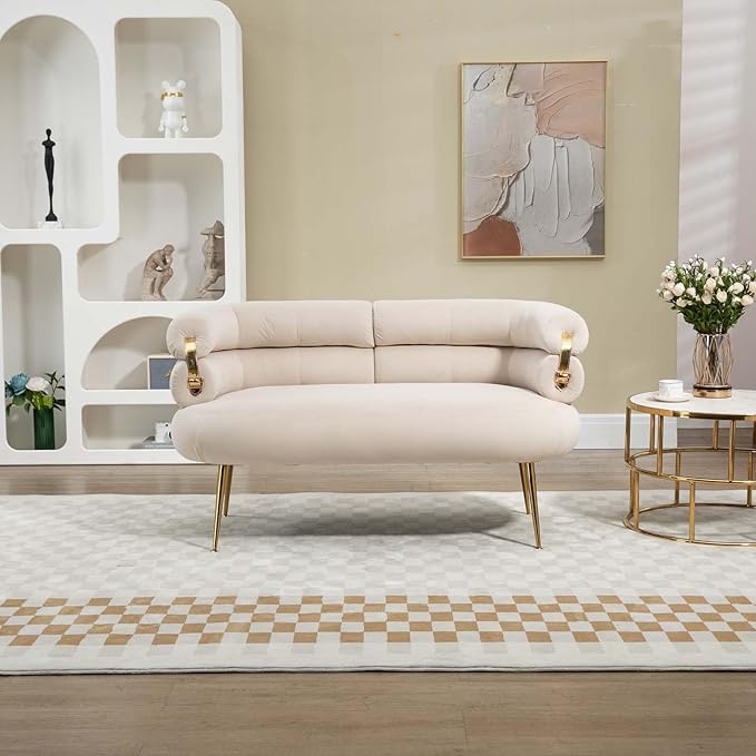 Modern Velvet Accent Loveseat Sofa, Upholstered Sofa Chair with Golden Metal Legs