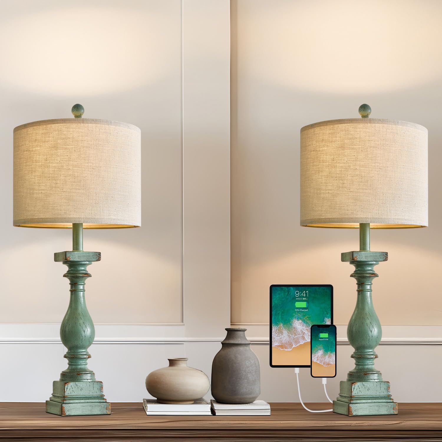 27" Farmhouse Table Lamp Set of 2 with USB A+C for Bedroom Living Room Vintage Rustic