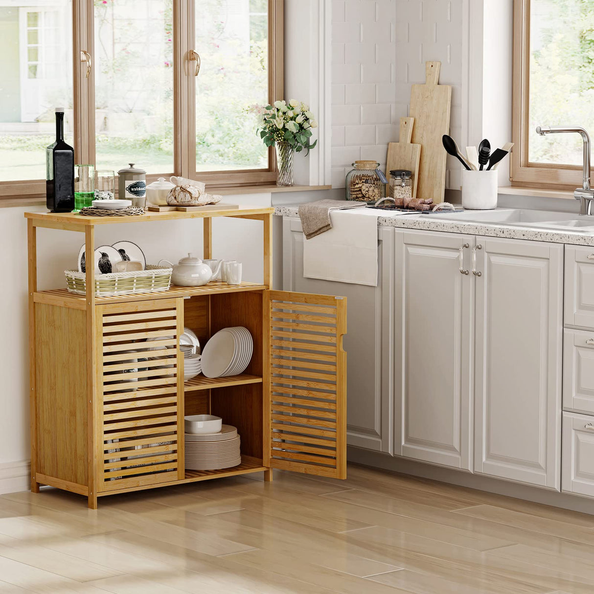 Bathroom Floor Cabinet, Bamboo Storage Cabinet with Doors and Open Shelves