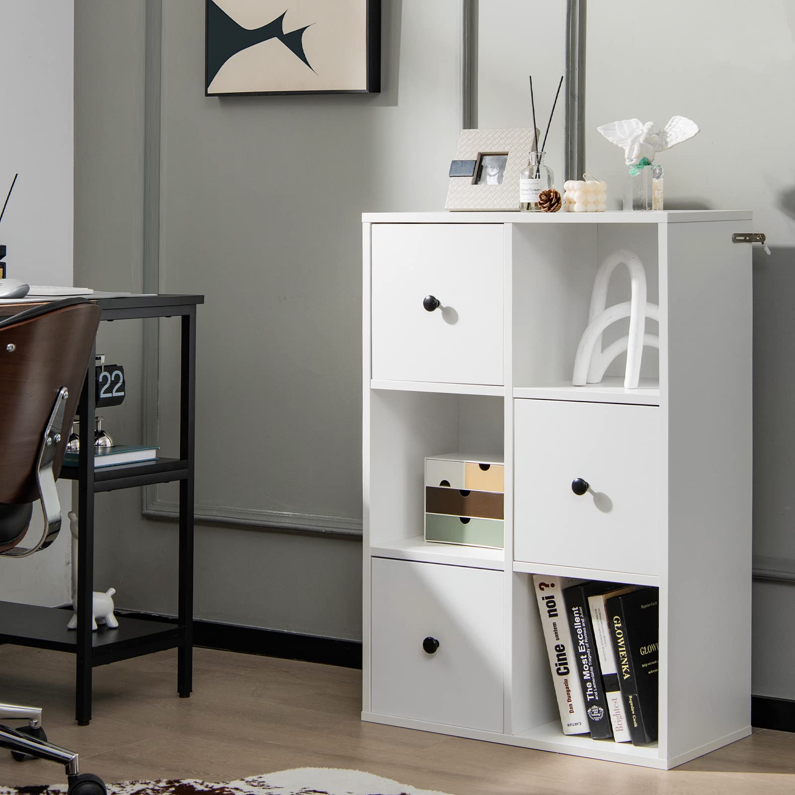 Cube Bookcase with Drawers, 3-Tier Modern Wood Bookshelf with Anti-toppling Device,
