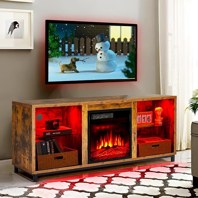 Electric Fireplace TV Stand with Adjustable Glass Shelves