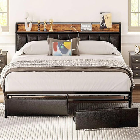 Black Queen Bed Frame with Storage Headboard and Charging Station, Upholstered