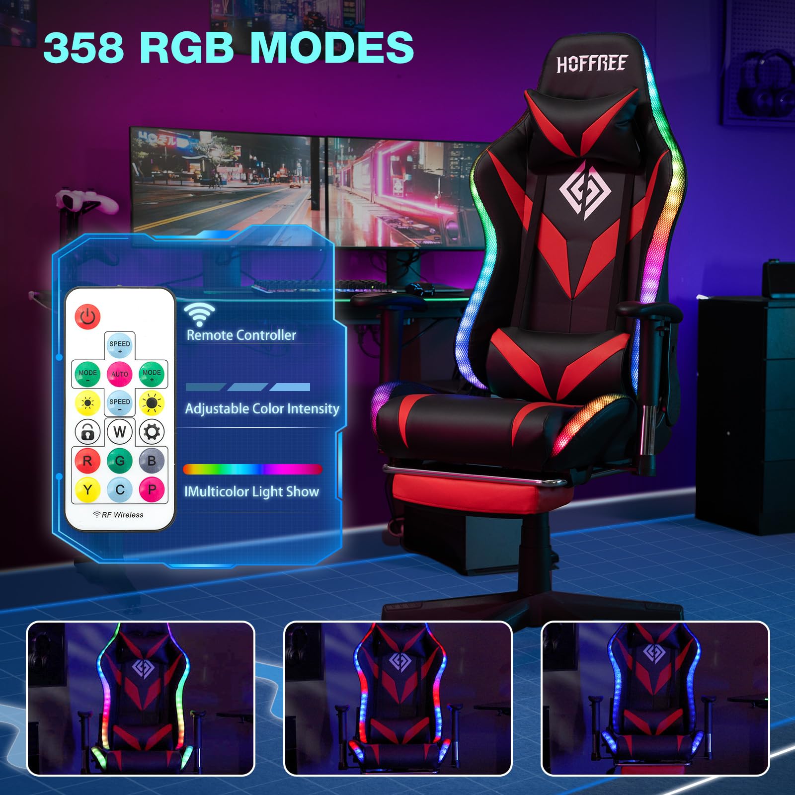 Gaming Chair with Bluetooth Speakers, LED Lights & Massage - Reclining with Footrest