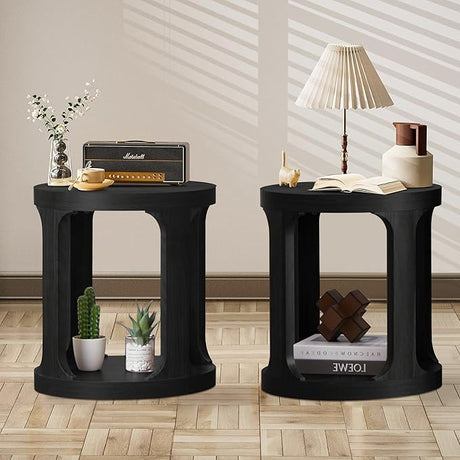 End Table Set of 2, Round Side Table with 2-Tier Storage, Accent Sofa Table for Living Room