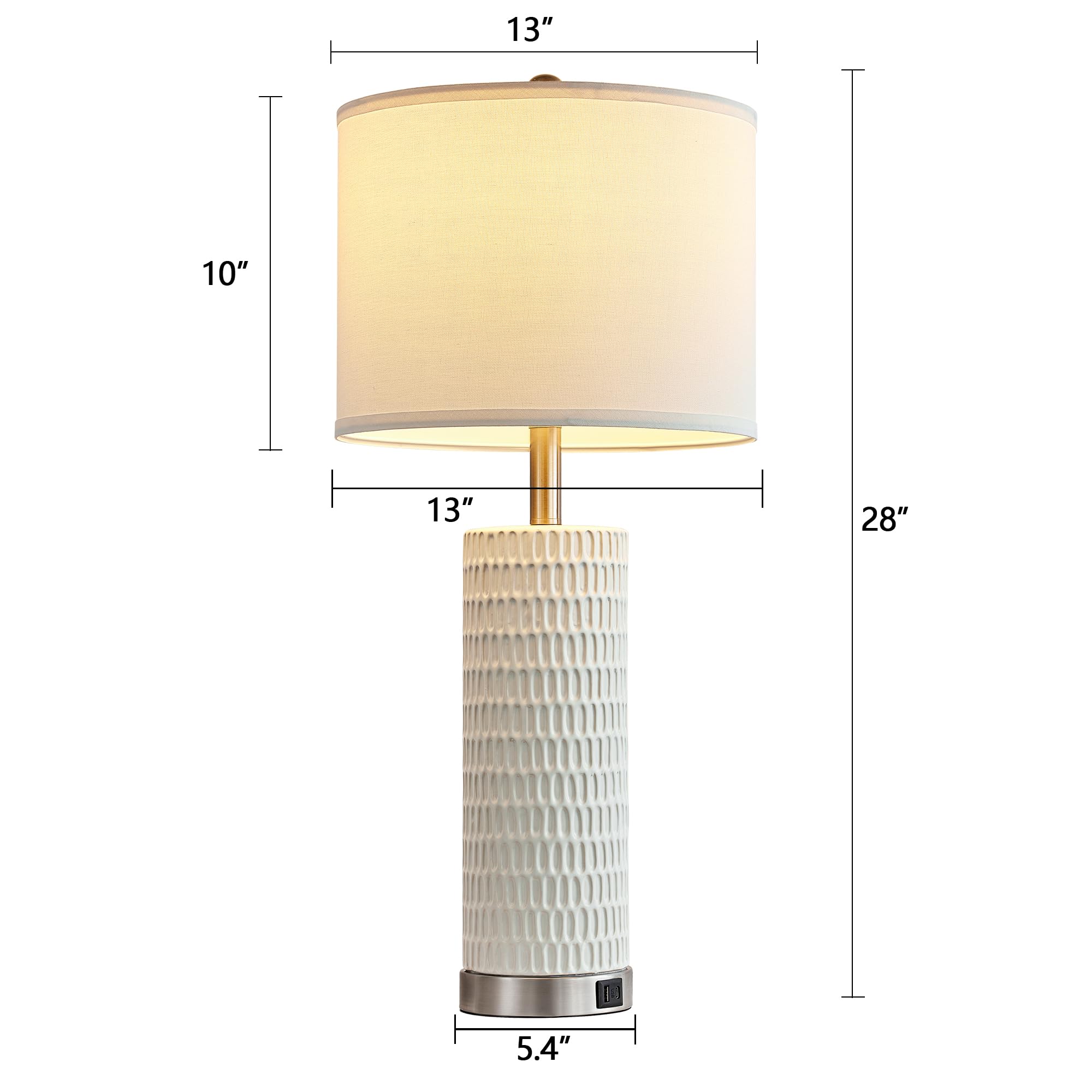 White Ceramic Table Lamps Set of 2 with USB Charging Ports