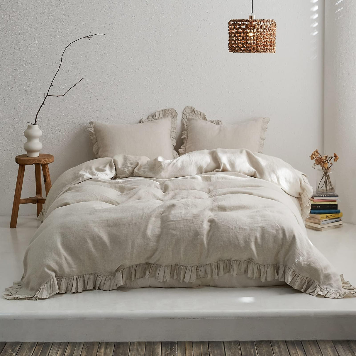 100% Linen Duvet Cover Set, 3 PCS Natural French Flax Natural Linen Ruffle Duvet Cover