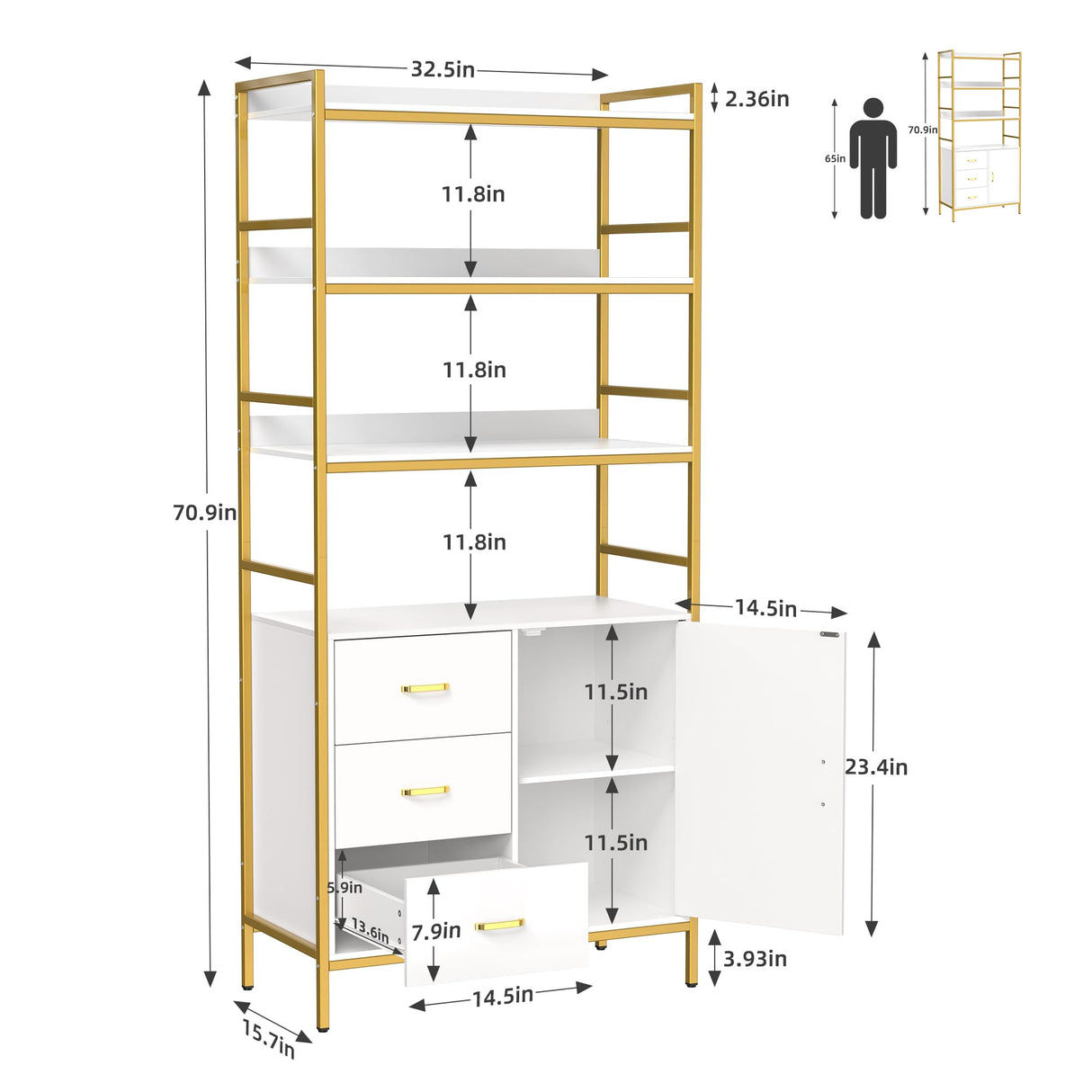 71" Tall Bookshelf with Storage Cabinet, Bookcase with Doors, Inter Adjustable shelf, 3 Wooden Drawers, 4 Tier Open Shelves, Modern Display Rack for Living Room, Kitchen, Home Office, White and Gold