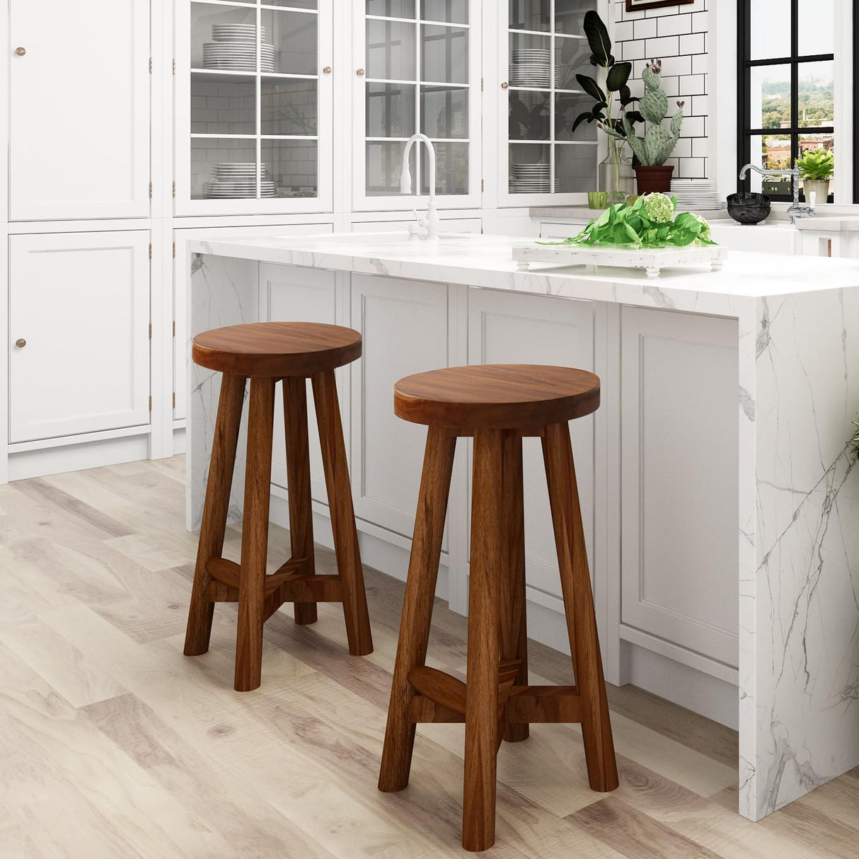 Bar Stool with Round Seat for Kitchen Island Counter, Solid Teak Wood Barstool