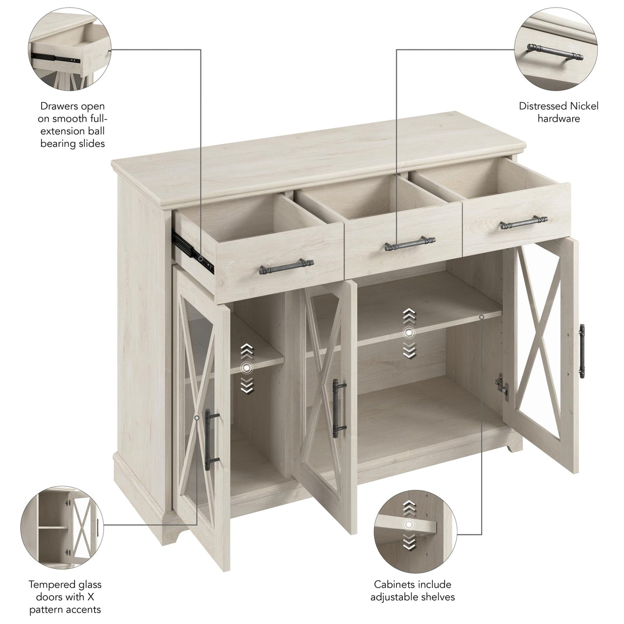 Lennox 46W Farmhouse Sideboard Buffet Cabinet with Drawers in Linen