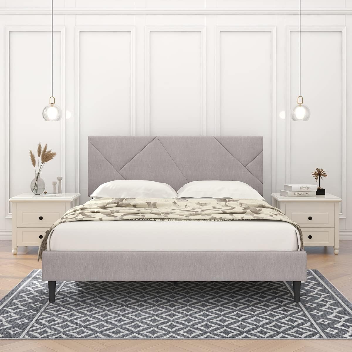Queen Size Platform Bed Frame, Sqaure Upholstered Bed Frame with Headboard
